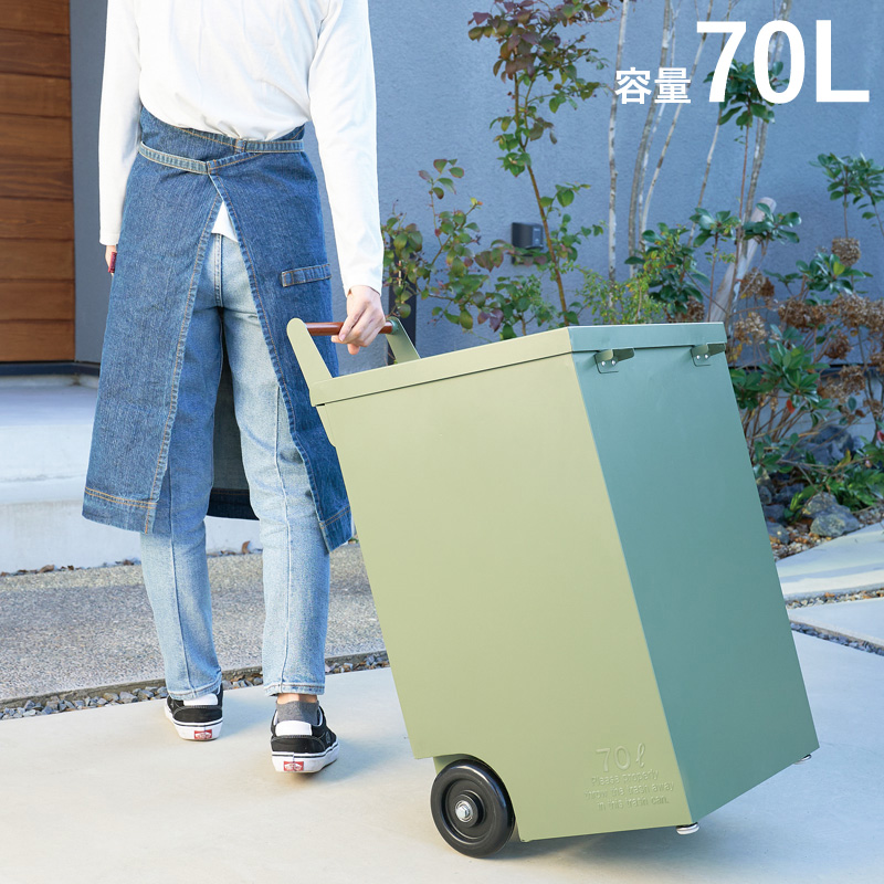 ゴミ箱 ごみ箱 バケツ ふた付き 車輪付 ハンドル付 屋外用 トラッシュカート 容量70L キャメル カーキ 1台単位 幅42×奥行50×高さ76cm おしゃれ ガルバリウム鋼板 ガーデニング 剪定作業 ゴミ出し かわいい