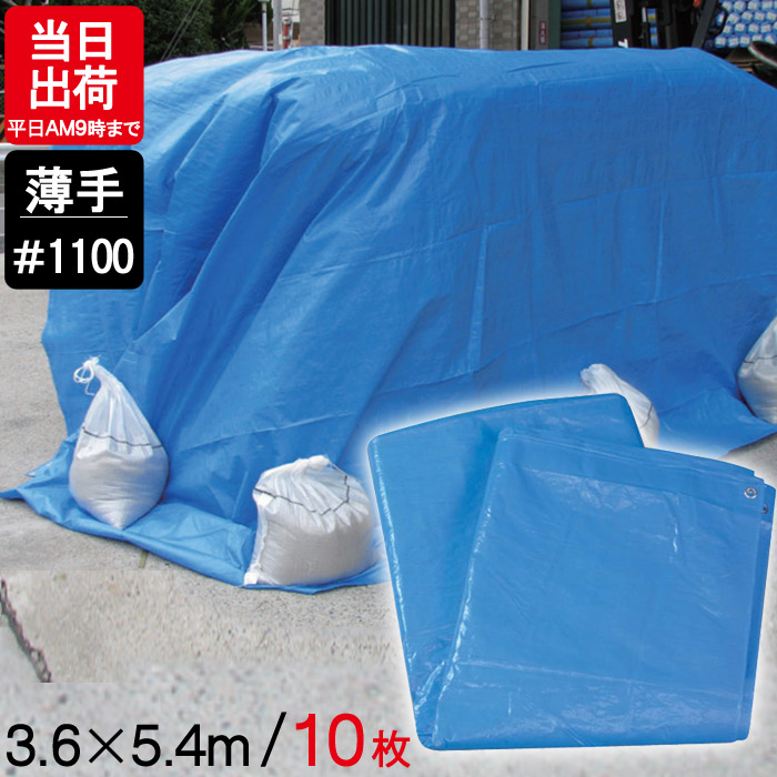 ブルーシート 薄手 5.4×3.6m #1100 10枚単位 レジャー シート 敷物 ござ 災害 台風 防災 養生 対策 運動会 行楽 花見 海水浴 キャンプ テント 雨よけ 防水 屋外 アウトドア 作業 道具  DIY