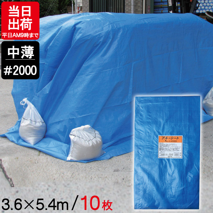 ブルーシート 中薄 5.4×3.6m #2000 10枚単位 BS-3654K レジャー シート 敷物 ござ 災害 台風 防災 養生 対策 運動会 行楽 花見 海水浴 キャンプ テント 雨よけ 防水 屋外 アウトドア 作業 道具  DIY