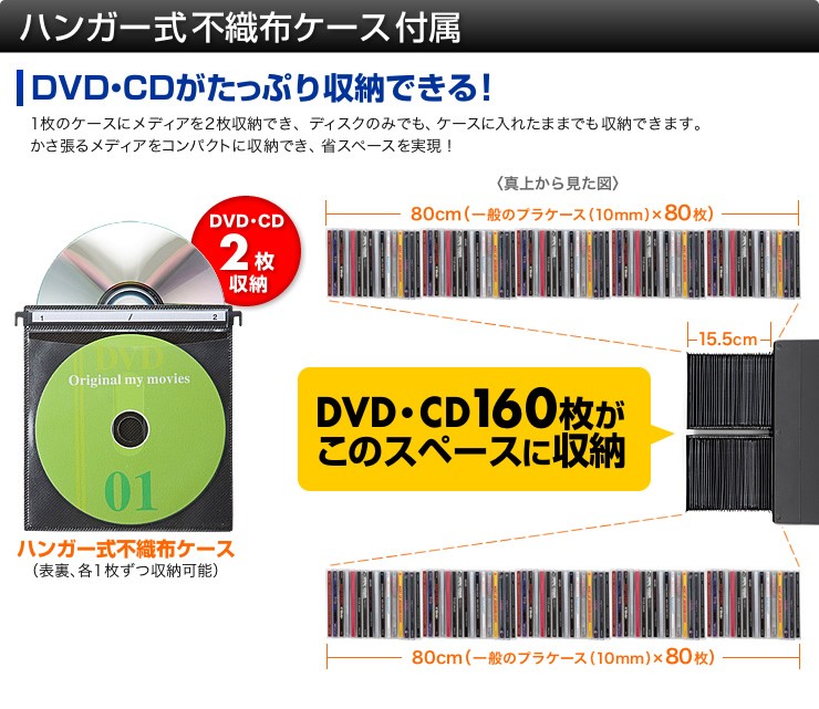 ハンガー式不織布ケース付属 DVD・CDがたっぷり収納できる