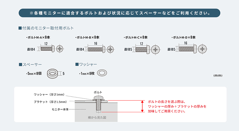 ※各種モニターに適合するボルトおよび状況に応じてスペーサーなどをご利用ください。