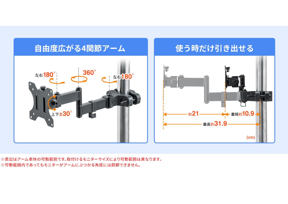 自由度広がる4関節アーム 使う時だけ引き出せる