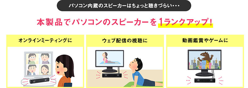 パソコン内蔵のスピーカーはちょっと聴きづらい 本製品でパソコンのスピーカーを1ランクアップ