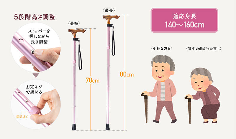 5段階高さ調整。ストッパーを押しながら長さ調整し、固定ネジで絞める。