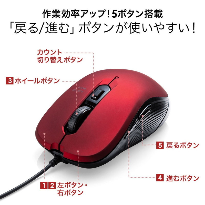 SANWA SUPPLY マウス 有線 5ボタン 左利き 中型 ブルーLED DPI
