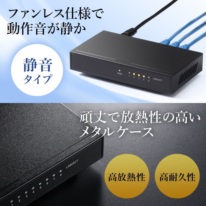 スイッチングハブ 5ポート LANハブ メタルケース 電源内蔵 ファンレス