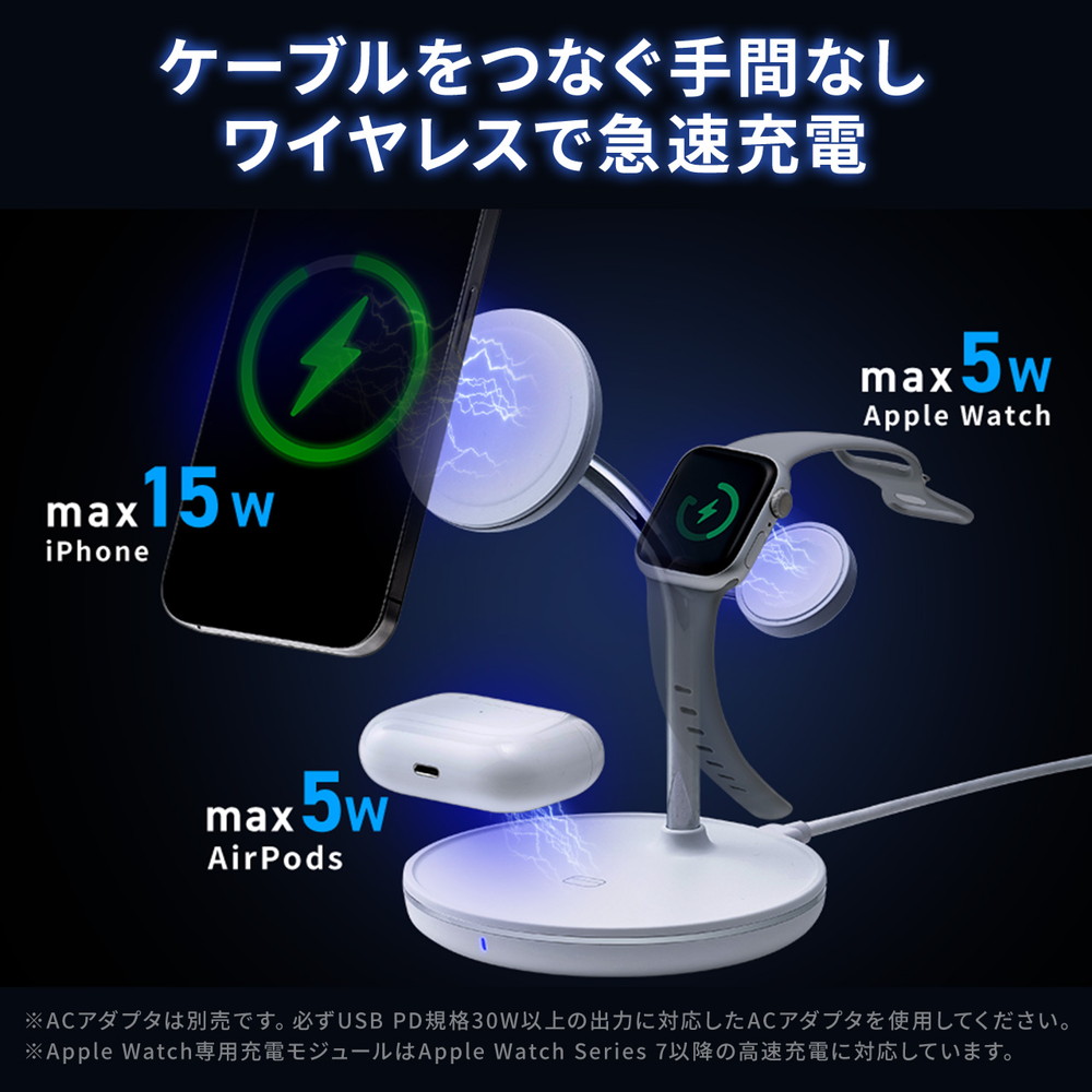 SANWA SUPPLY（サンワサプライ） 3in1 ワイヤレス充電器 MagSafe/Apple