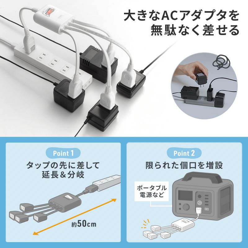 SANWA SUPPLY（サンワサプライ） 延長コード 短い 4個口 ACアダプタ