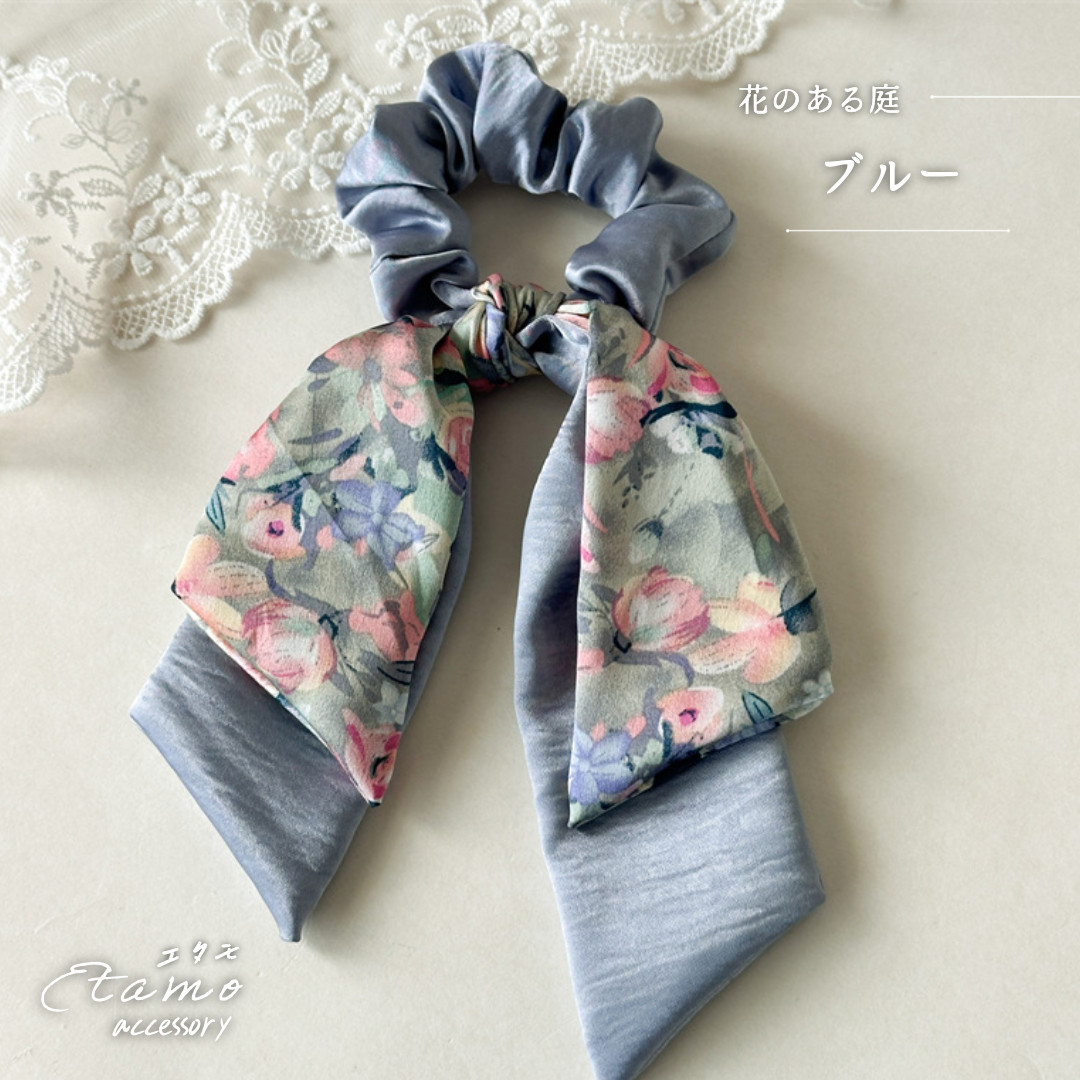 シュシュ リボン 花柄 ヘアゴム 青 ブルー ヘアアクセ アクセサリー 花