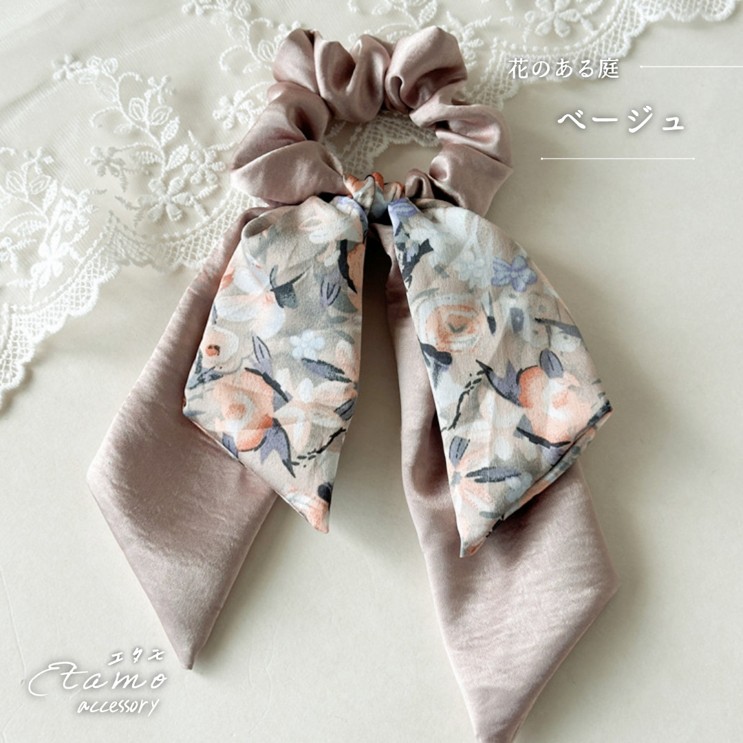 シュシュ リボン 花柄 ヘアゴム 青 ブルー ヘアアクセ アクセサリー 花