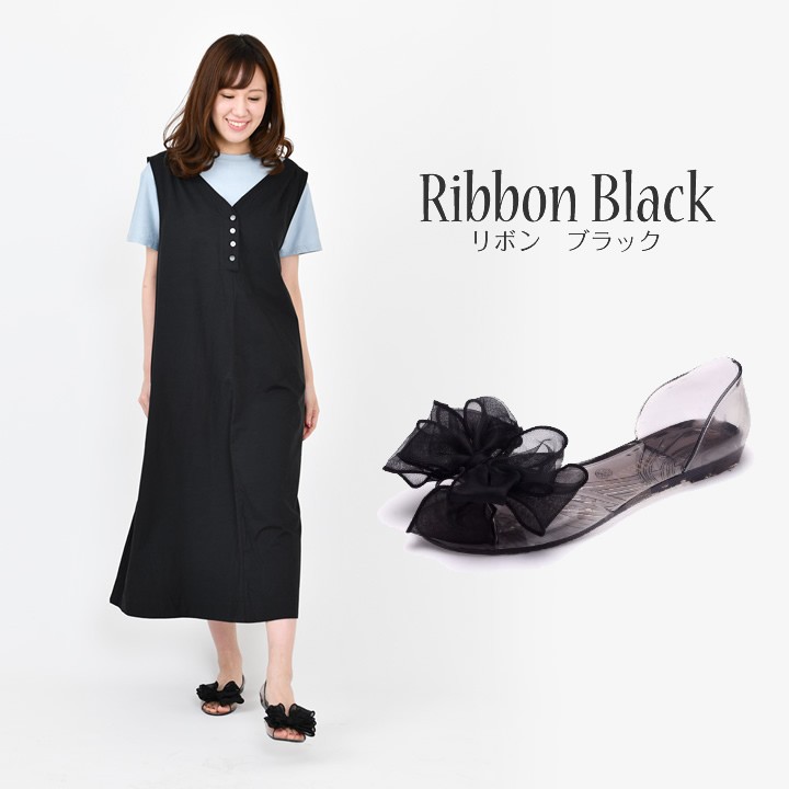 サンダル リボン フラワー ラバーフラットシューズ オープントウ