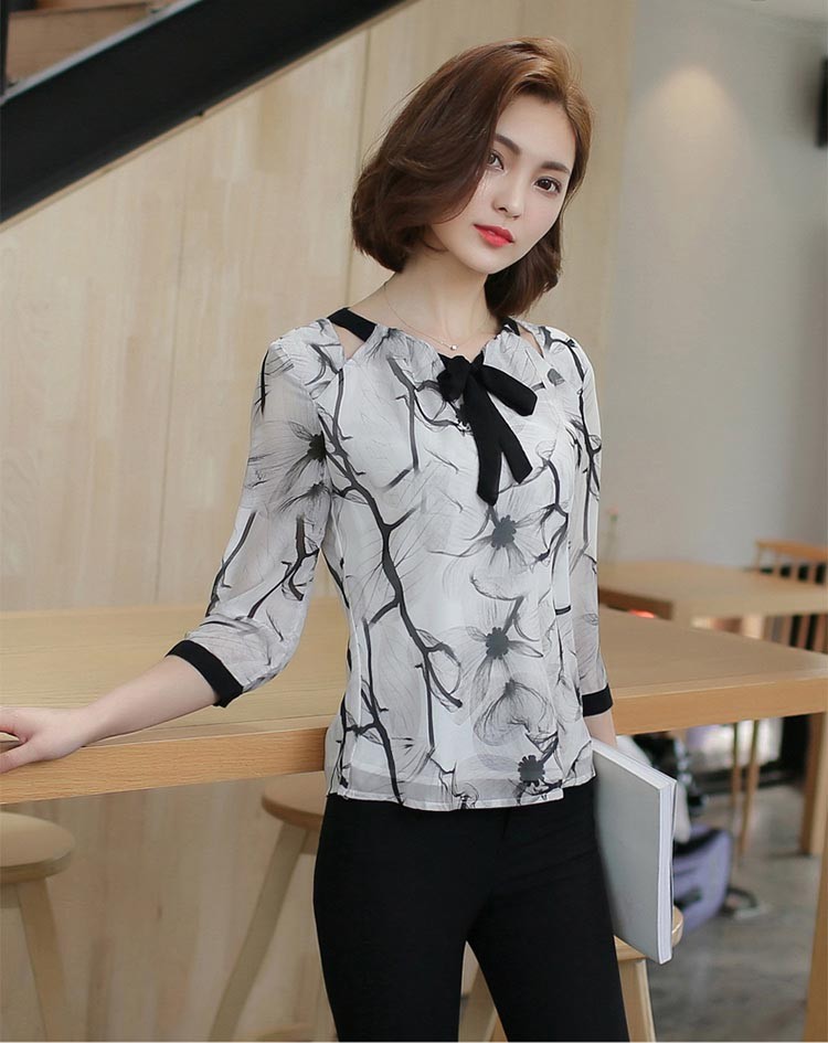 レディース シャツ トップス ブラウス シフォン 長袖 花柄 チュニック フラワー レトロ柄 袖フリル ボルトネック ブラウス 7分袖 20代 30代 40代