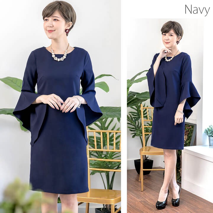 ドレス お呼ばれ 結婚式 パーティードレス春 夏 秋 冬 秋冬 春夏 大きいサイズ シンプル キレイめ 半袖 長袖 袖付き 袖あり 袖 五分袖 七分袖 七分 膝下 膝丈 20代 30代 40代 50代