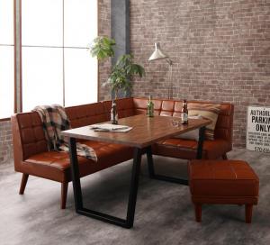 ダイニングセット（テーブル&ソファ スツール） 古木風 4人 4点セット(テーブル+ソファ1脚+アームソファ1脚+スツール1脚) 右アーム W120 組立設置付