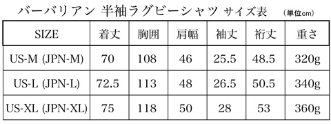 バーバリアン 半袖ラガーシャツ VSE サイズ表