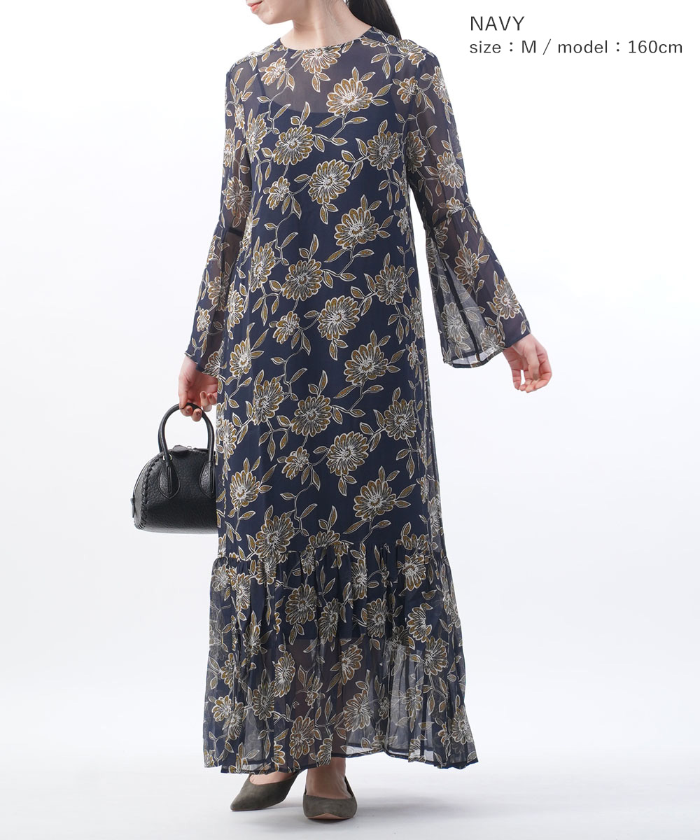 ヌキテパ ギャザードレス ロングワンピース Rayon Ggt Flower Print Gather Sleeve Dress ne Quittez  pas 2020秋冬新作 レディース 国内正規品