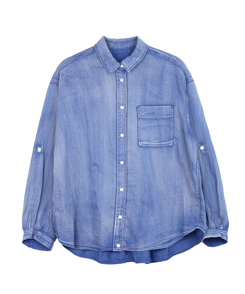 未使用タグ付　huitieme nid 柔らかカシュクールギャザーデニムシャツ ユイティーム デニム風 深タックシャツ huitieme nid レディース 国内