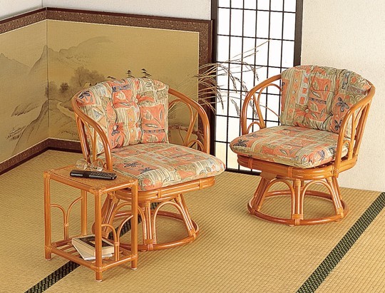 椅子 籐 リビング & 和室 ３点 セット テーブル 回転座椅子 畳 和室