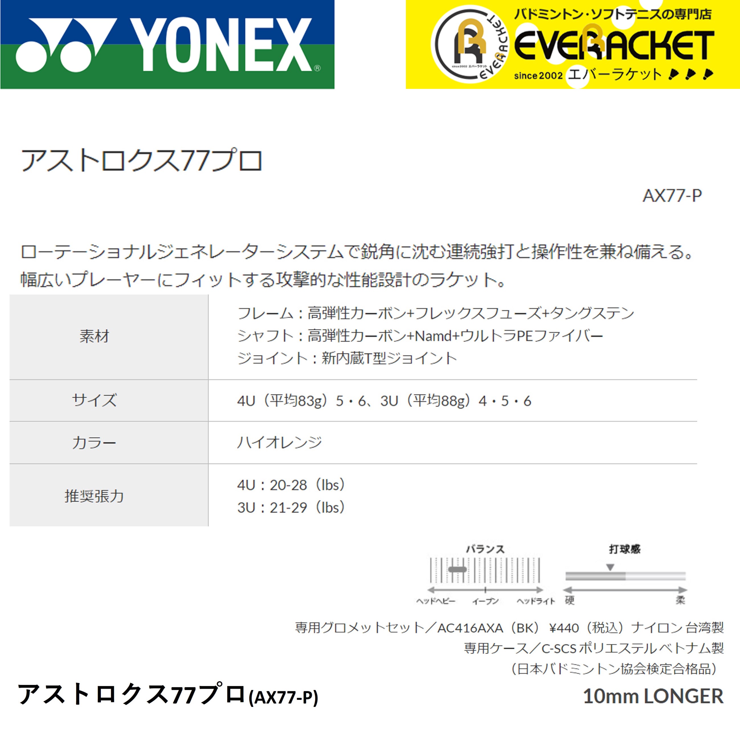 【最短出荷】【フレームのみ】YONEX ヨネックス バドミントンラケット アストロクス77プロ AX77-P アン・セヨン選手使用モデル｜ever-racket｜02