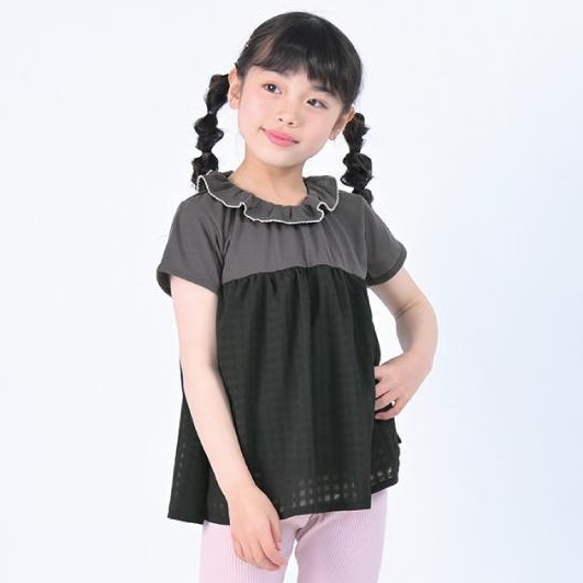 Tシャツ 子供服 チュール×フリル衿トップス 子ども服 こども服 キッズ 半袖 女の子 トップス 9...