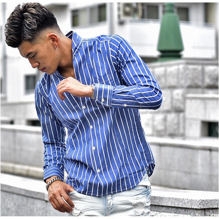 29056円 【SALE／75%OFF】 n a ブルーイタリアン紳士1カラーカジュアルシャツメンズハーフオープンカラーストライプシャツ Color : Blue Size XLcode