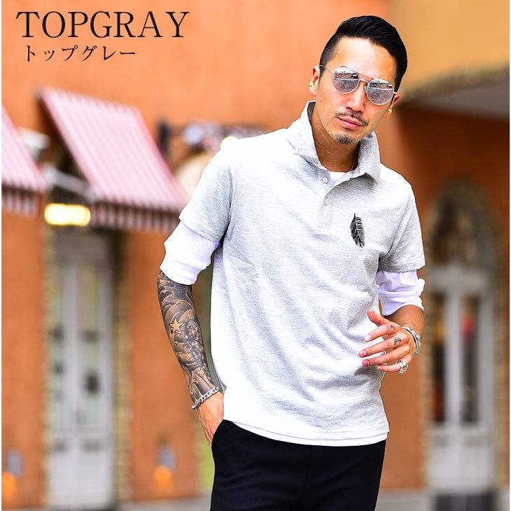 メンズ ポロシャツ ポロ 半袖 半袖ポロ シャツ 重ね着 カットソー ゴルフ 無地 フェザー 刺繍 羽 白 黒 アンサンブル ホワイト ブラック Joker By Evergreen 通販 Paypayモール