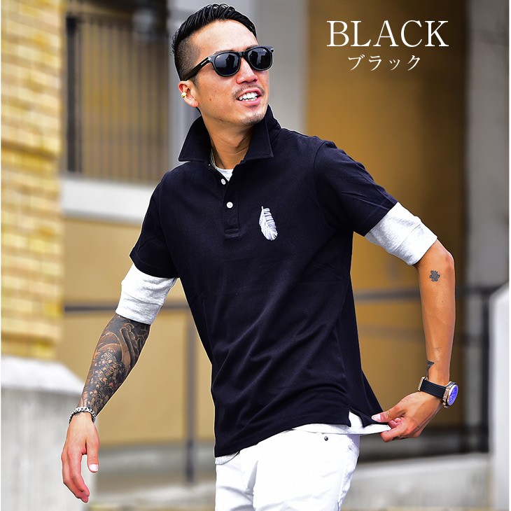 メンズ ポロシャツ ポロ 半袖 半袖ポロ シャツ 重ね着 カットソー ゴルフ 無地 フェザー 刺繍 羽 白 黒 アンサンブル ホワイト ブラック Joker By Evergreen 通販 Paypayモール