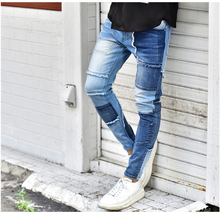 XL ブルー スキニーズボン ストレッチ ポケット ファスナー装飾（他サイズ有）