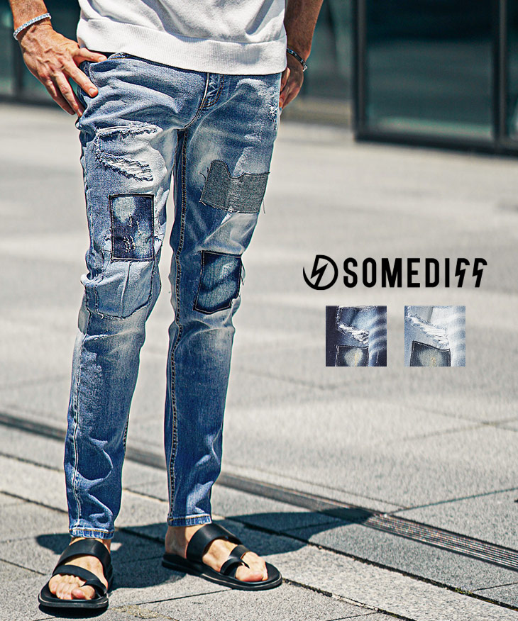 【SWG/SWAGGER】パッチワークデザイン ダメージスキニーパンツ 34 ラグスタイル LUXSTYLE PUワッペンスキニーダメージデニムパンツ