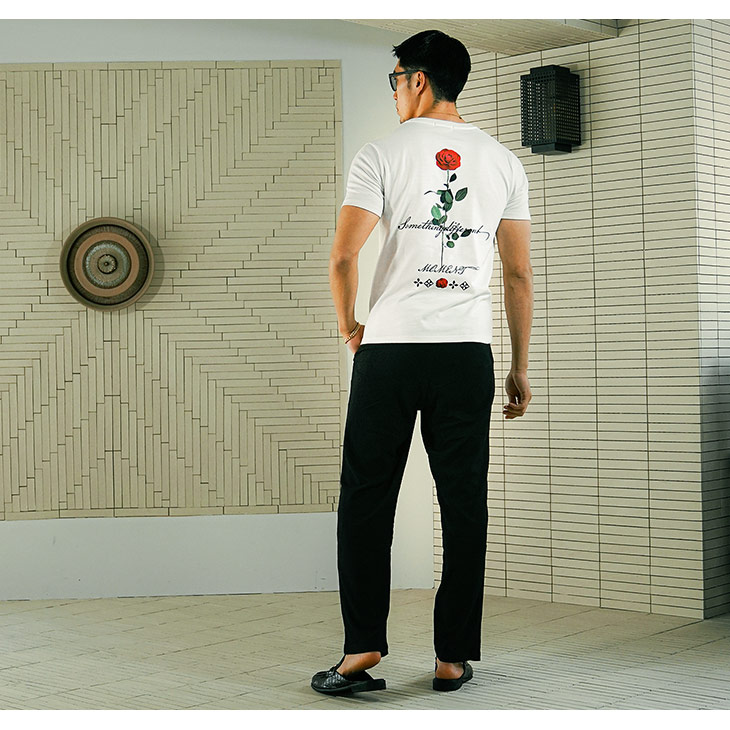 joker クルーネック メンズ 半袖Tシャツ ブランド バラ ロゴT 白 joker クルーネック メンズ 半袖Tシャツ ブランド バラ ロゴT 白