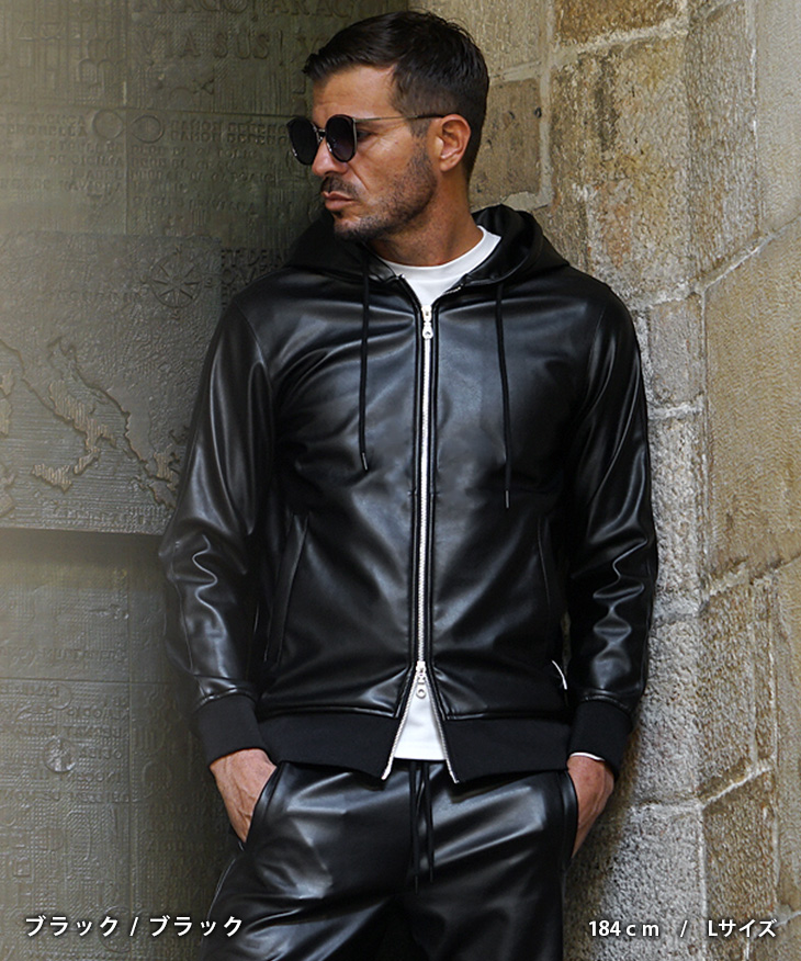 SOMEDIFF（サムディフ） パーカー メンズ 裏起毛 フェイク レザー