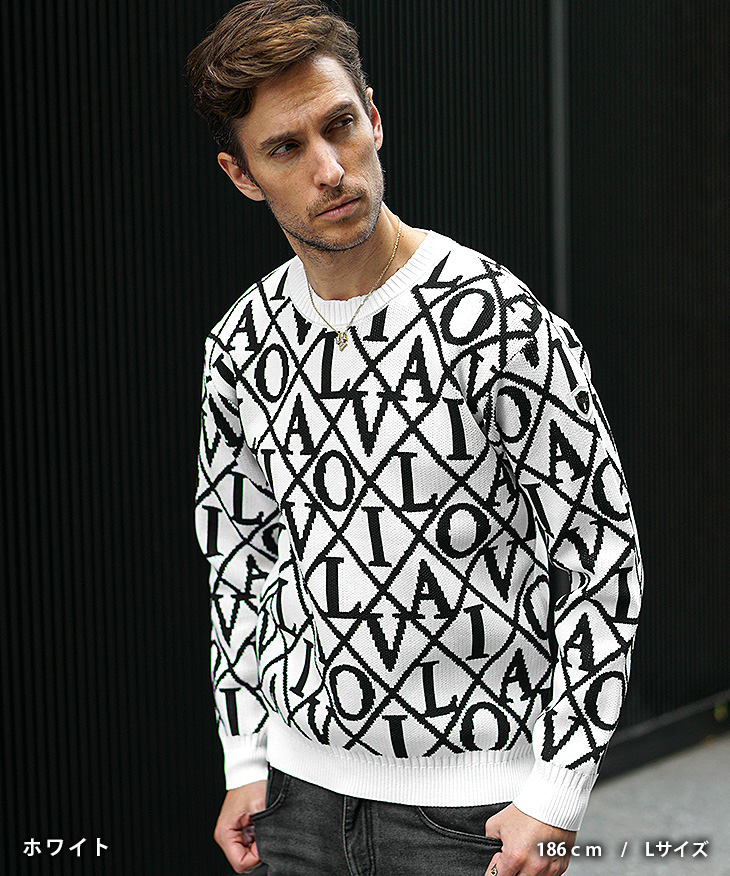 VIOLA rumore  ヴィオラ ビオラ ニット セーター クルーネック ロゴ ダイヤ柄 メンズ mens(ホワイト白) 62125 VIOLA rumore（ヴィオラ ルモーレ） ヴィオラ ニット メンズ ブランド