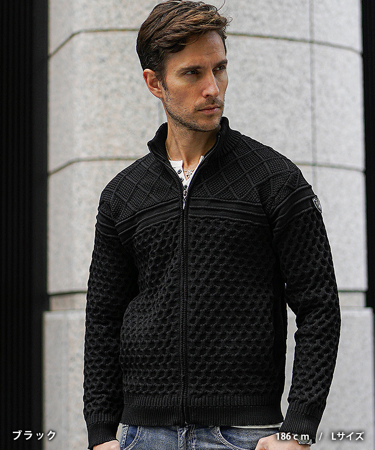 VIOLA rumore ヴィオラ ニットジャケット メンズ ブランド 総柄 セーター おしゃれ スタンドカラー ニット ジップブルゾン 肉厚  黒 白 きれいめ 秋 秋服 秋物 秋冬 メンズファッション ちょいワル オラオラ系 Y62125 VIOLA rumore（ヴィオラ ルモーレ） 【クーポン利用で2200円オフ