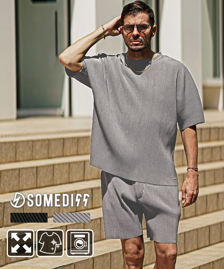 SOMEDIFF プリーツ セットアップ メンズ Tシャツ 半袖 ハーフ