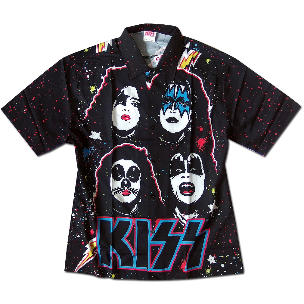 KISS キッス シャツ 半袖シャツ グッズ メンズ ブラック 総柄 プリント