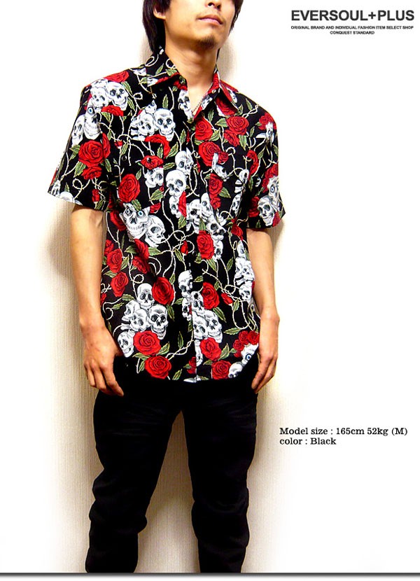 ウエスタンシャツ スカル 半袖 シャツ メンズ ロック ダーツシャツ 大きいサイズ ガラシャツ ブラック 黒 総柄 薔薇 ロカビリー