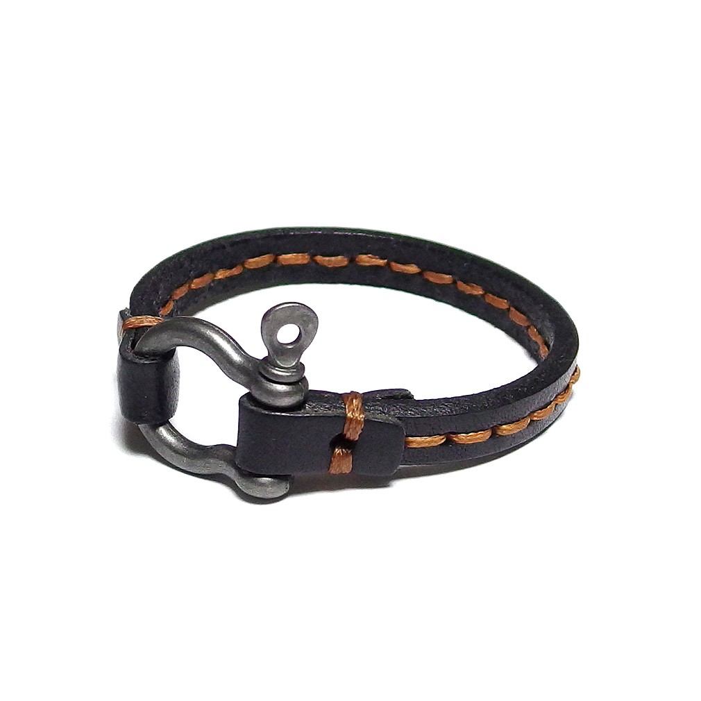【牛革オイルレザー ブレスレット】Black / Wide 8mmイタリアンレザー (牛革) ダブルステッチ ラインエンボス
