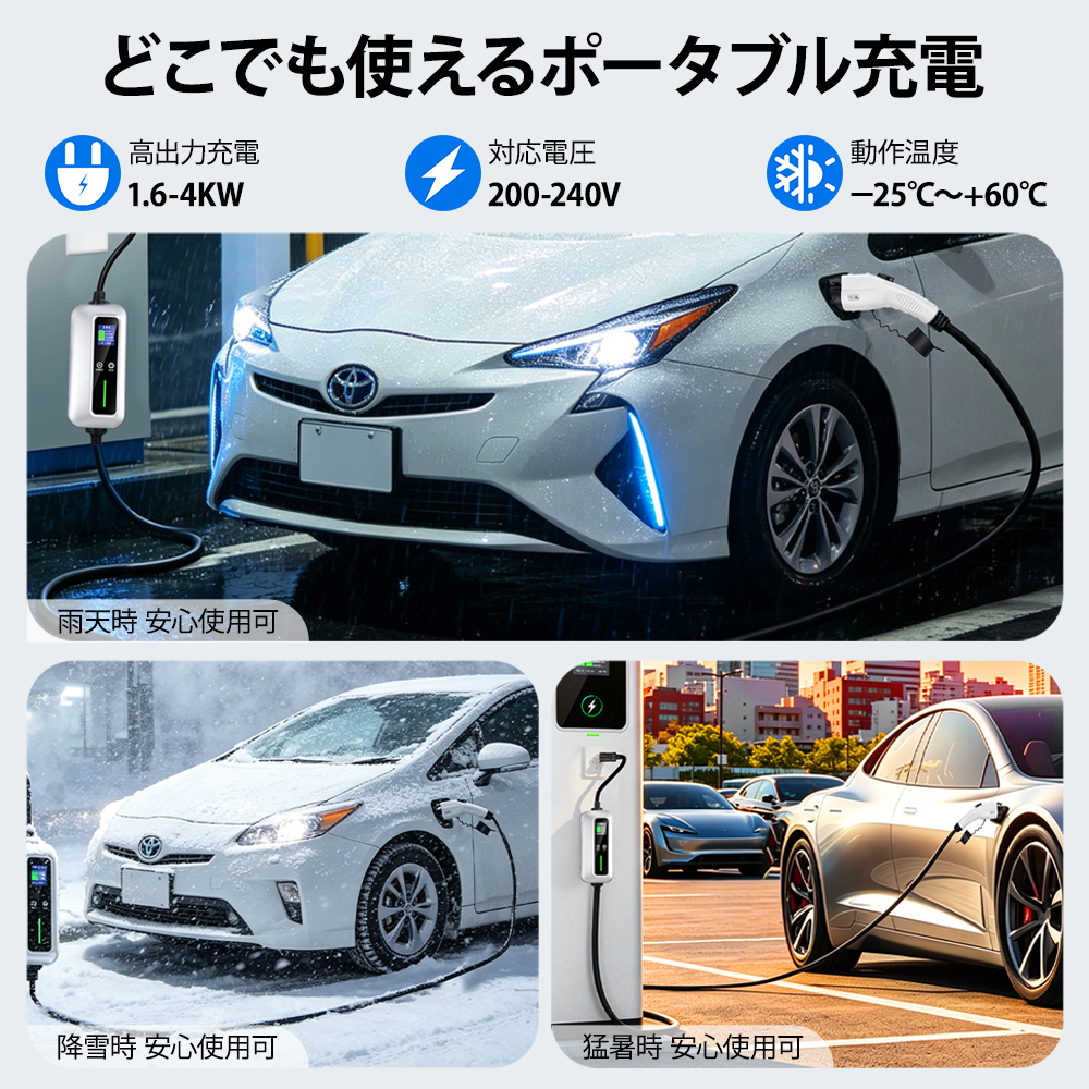 【業界初&PSE認証済】EV充電器 家庭用200V 20A 4kW SAE J1772 PSE認証 8m LCD IP55防水 ポータブル EV/PHEV対応 PHEV プリウスPHV BMW i3対応 関連画像5