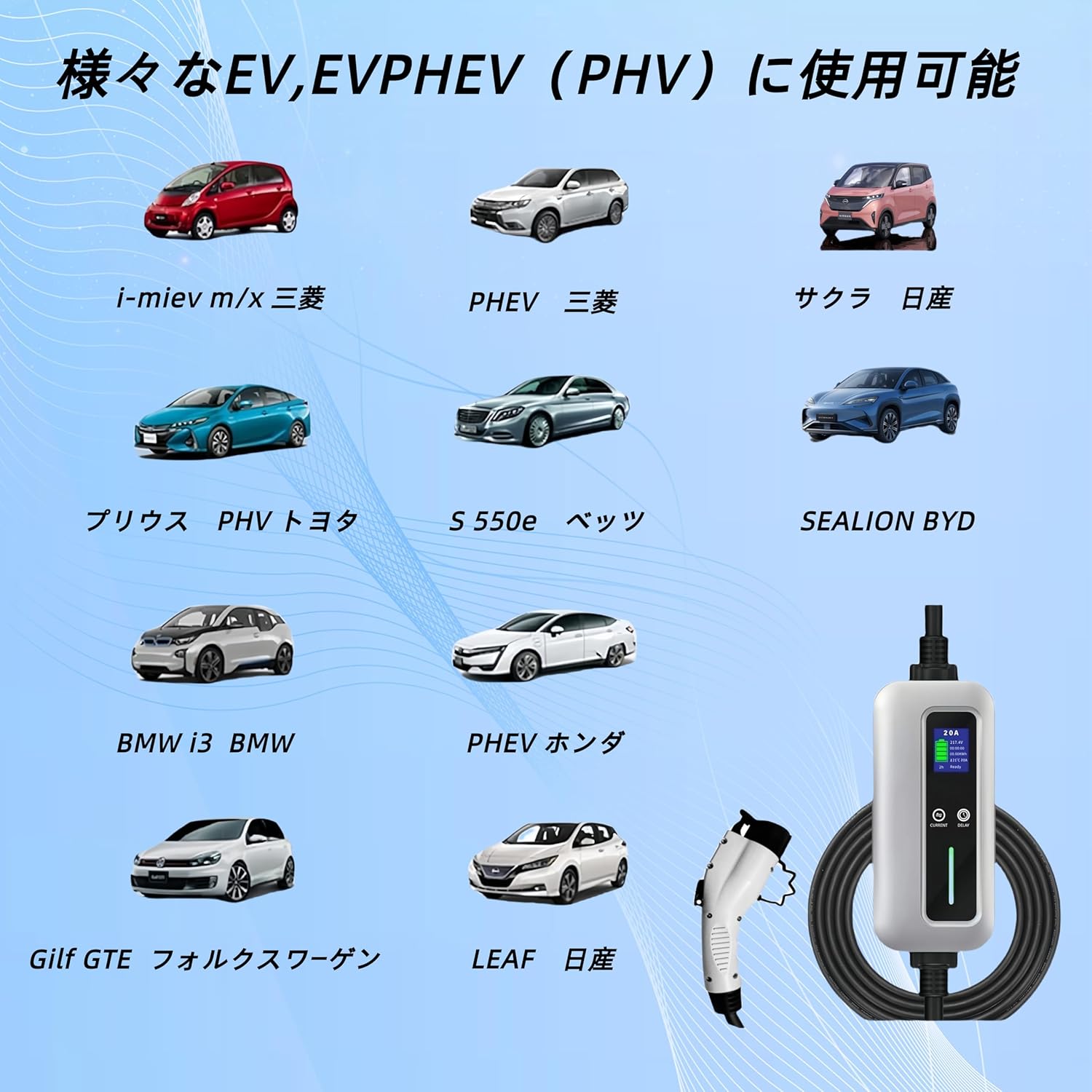 【当日出荷】【業界初&PSE認証済】EV充電器 家庭用200V 20A 4kW SAE J1772 PSE認証 8m LCD IP55防水 ポータブル EV/PHEV対応 PHEV プリウスPHV BMW i3対応の画像