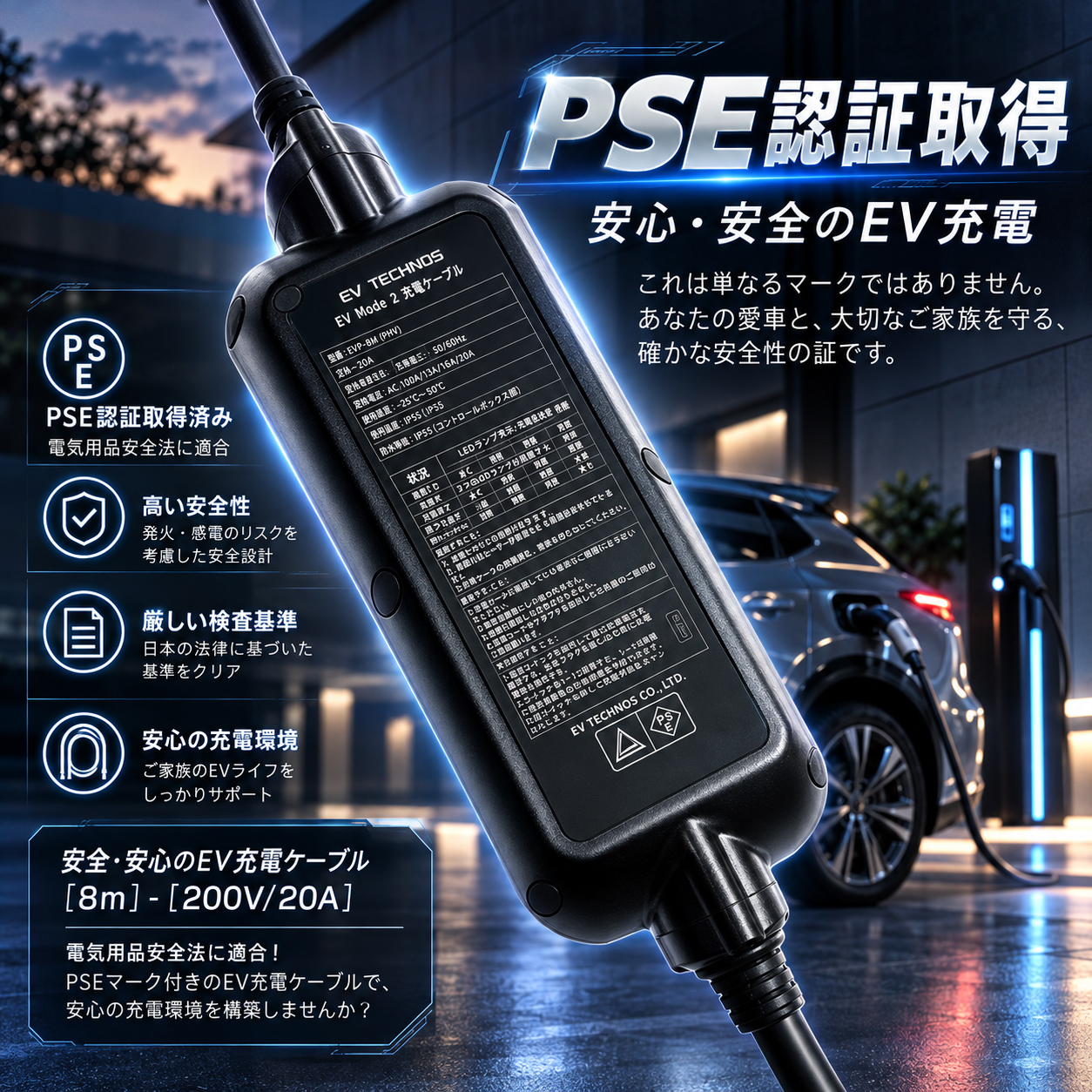 秋の大特価SALE】EV充電器 家庭用200V 20A 4kW SAE J1772 PSE認証 8m