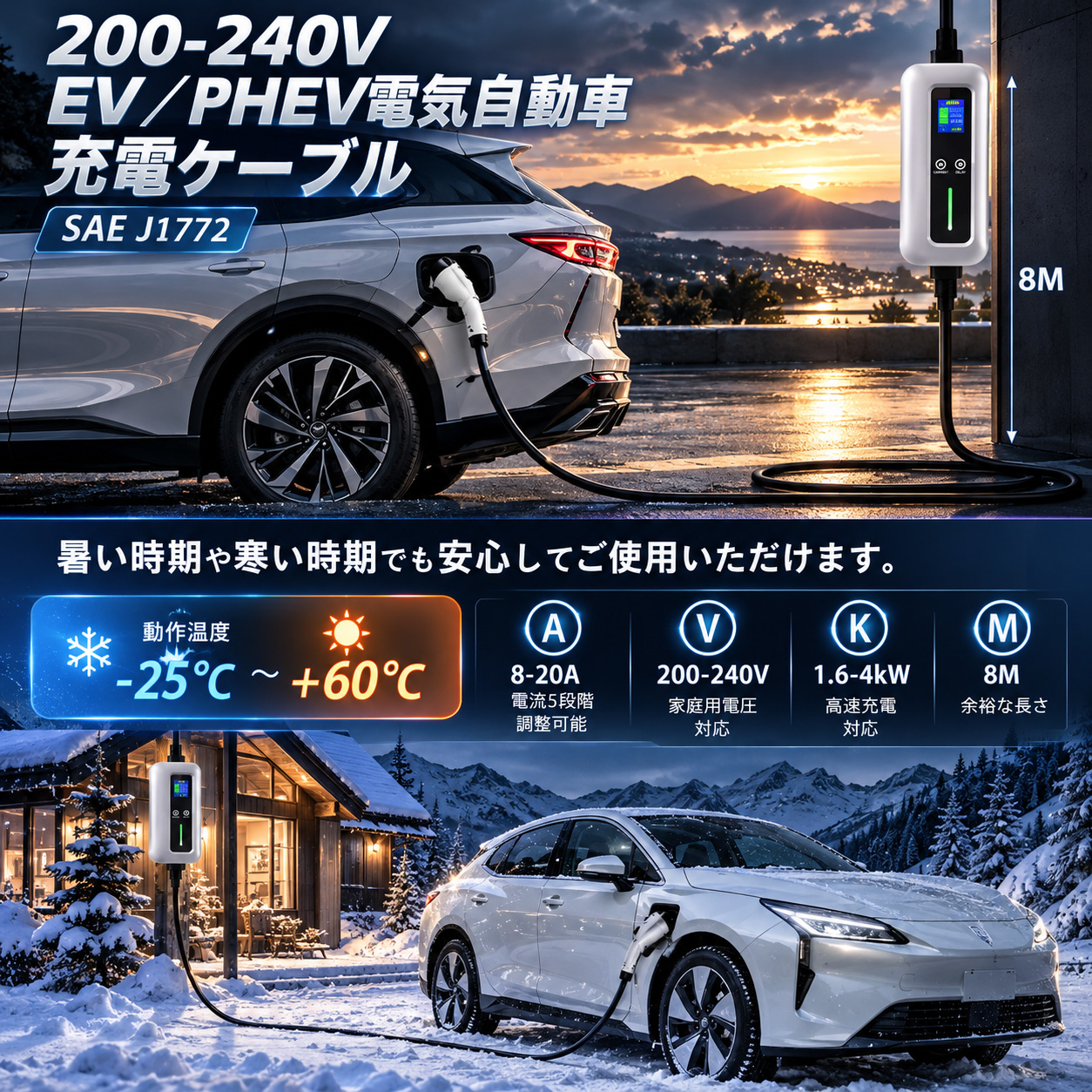 【秋の大特価SALE】EV充電器 家庭用200V 20A 4kW SAE J1772 PSE認証 8m LCD IP55防水 ポータブル EV/PHEV対応 PHEV プリウスPHV BMW i3対応 |  | 06