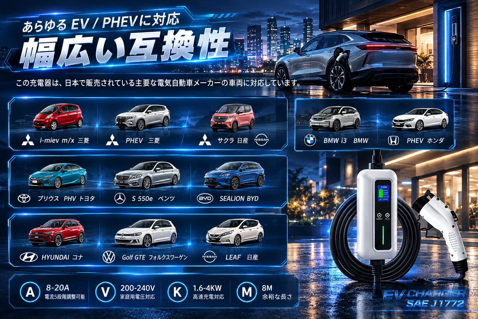【秋の大特価SALE】EV充電器 家庭用200V 20A 4kW SAE J1772 PSE認証 8m LCD IP55防水 ポータブル EV/PHEV対応 PHEV プリウスPHV BMW i3対応 |  | 08