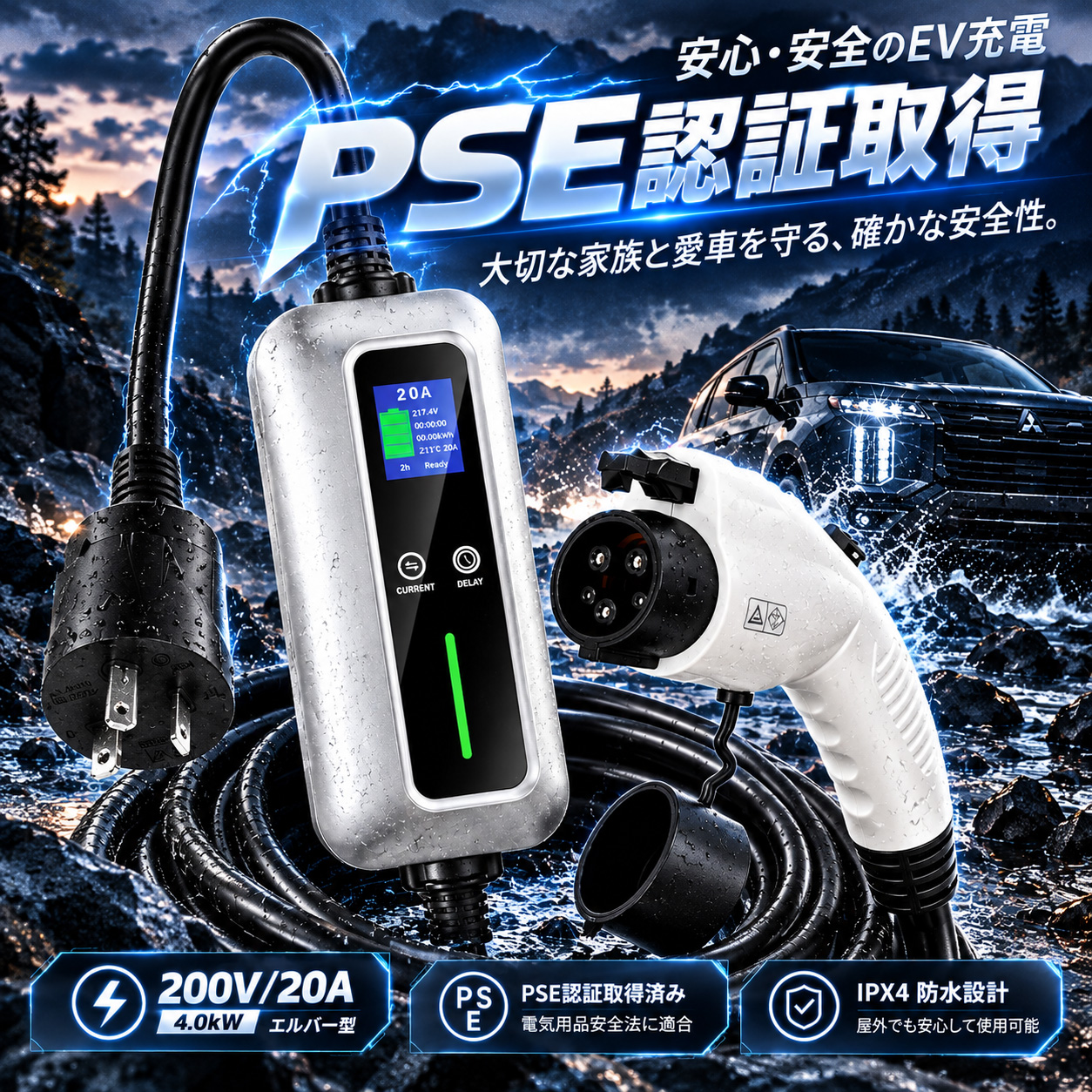 秋の大特価SALE】EV充電器 家庭用200V 20A 4kW SAE J1772 PSE認証 8m