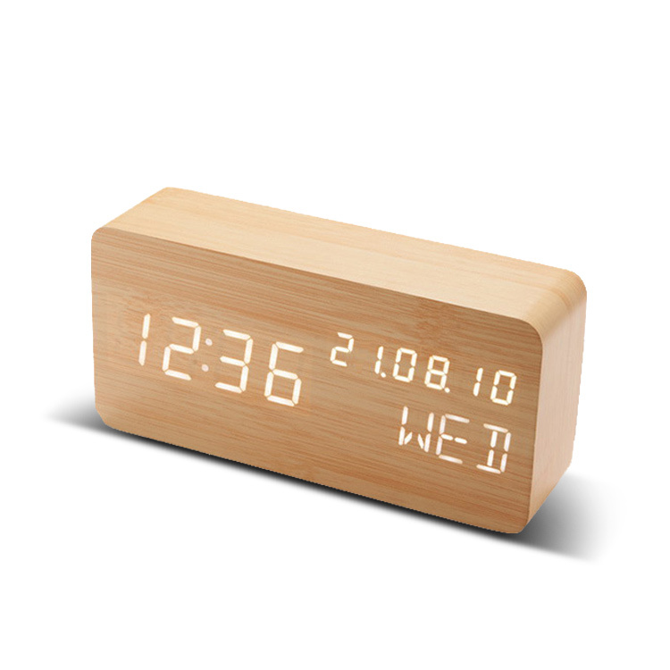 USB充電式 置き時計 デジタル 目覚まし時計 おしゃれ LED表示 クロック 置時計 大音量 内蔵バッテリー 温度計 カレンダー アラーム 木製 卓上 音感センサー｜ewin｜02