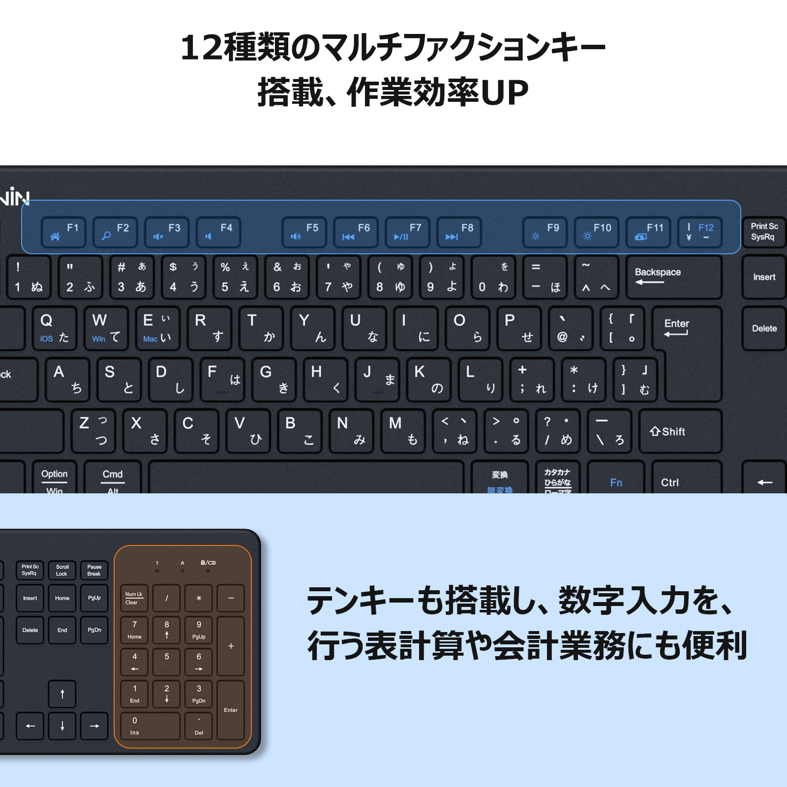 テンキー付き】キーボード ワイヤレス 日本語配列 2.4GHz Type-C USB