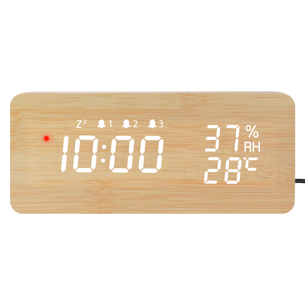 電波時計 デジタル 置き時計 湿度計 温度計 目覚まし時計 木目調 おしゃれ LED表示 クロック 大音量 カレンダー アラーム 木製 ウッド 卓上 音量調節 明るさ調節｜ewin｜02