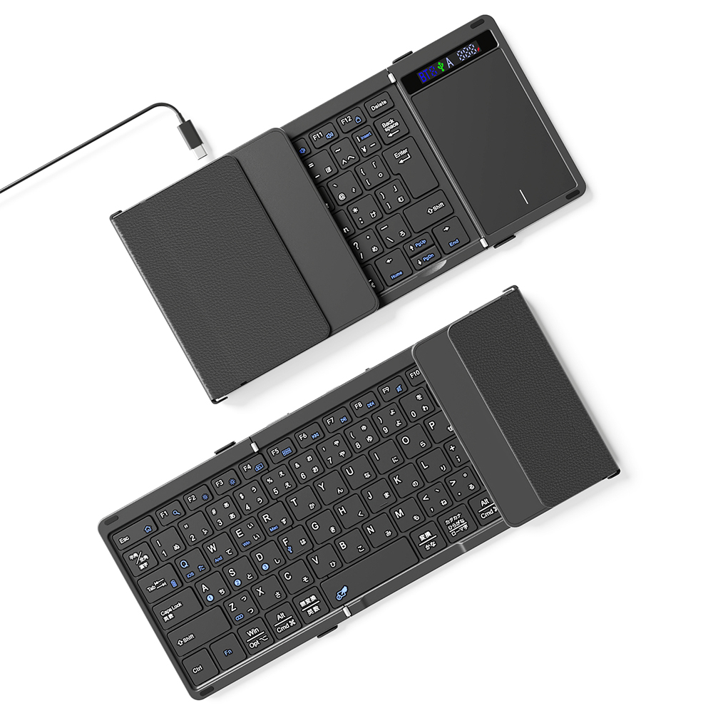 【新品未使用】① キーボード ワイヤレス 折りたたみ bluetooth 無線と有線両対応 表示スクリーン&ヒンジロック搭載 ipad mac タブレット パソコン surface スマホ用 日本語配列 マルチペアリング 4台端末切替可 タッチパッド付き iOS/Windows/Android/Mac対応 コンパクト 薄型 軽量 フルサイズ パンタグラフ 静音 充電式 ブラック 折りたたみ キーボード 日本語配列 無線と有線両対応 ワイヤレス