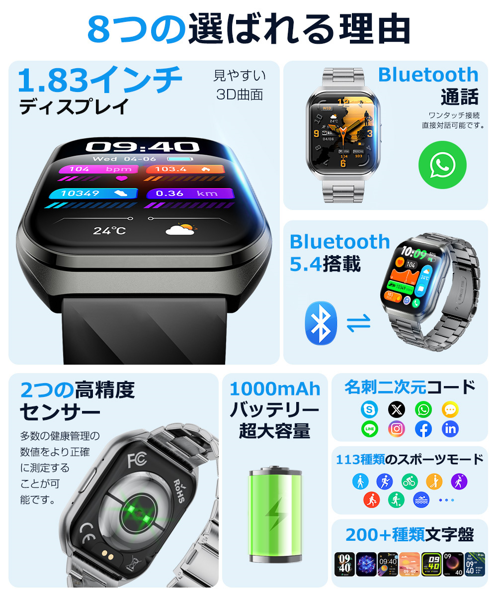 スマートウォッチ メンズ Bluetooth通話 1.83インチ 3D曲面 血中酸素