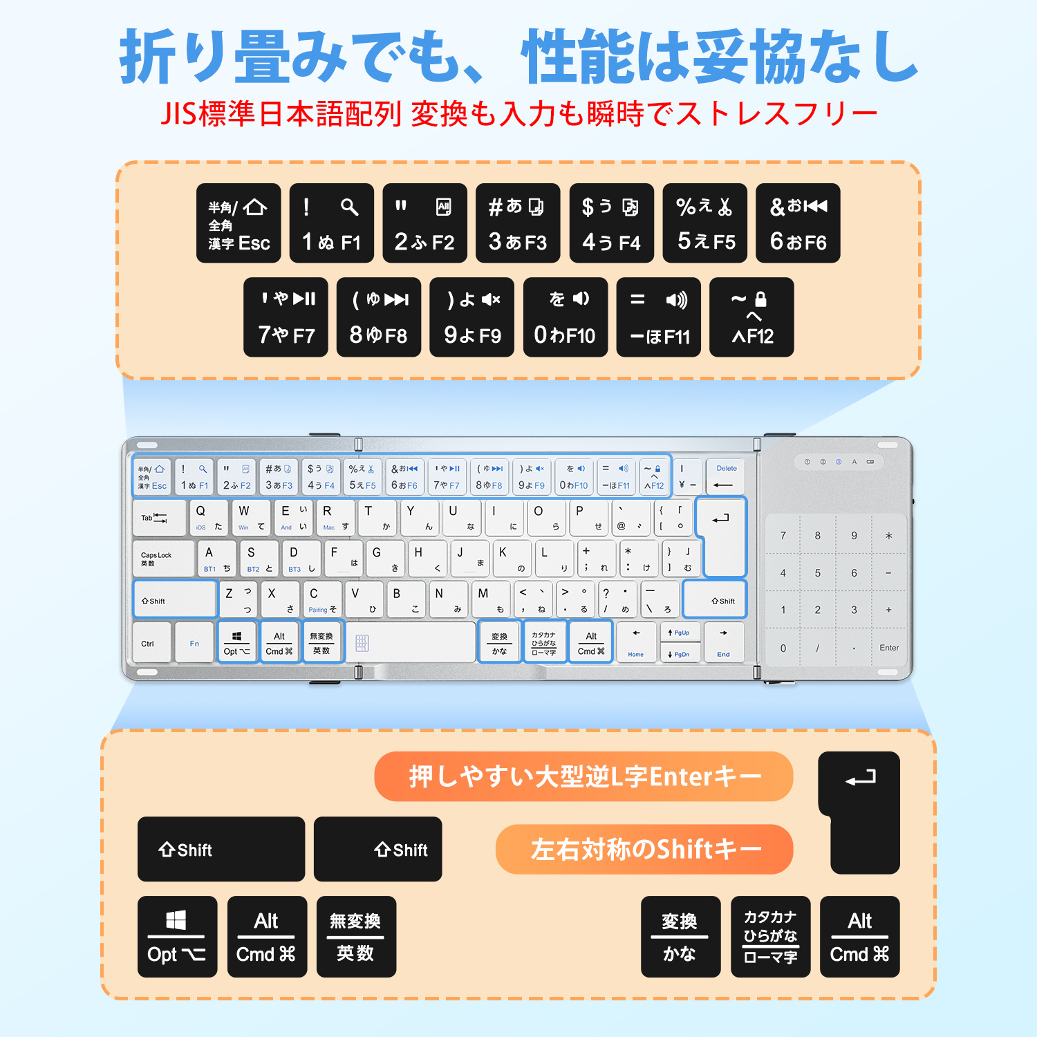 折りたたみ キーボード Bluetooth 日本語配列 タッチパッド＆テンキー