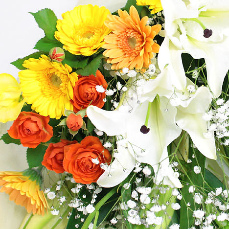 ユリと季節の花束・暖色系 (電報なし) お祝い 花 フラワー ギフト プレゼント 結婚式 誕生日 敬老の日 2026 暑中見舞い 還暦 定年 退職祝い 送別会 |  | 02
